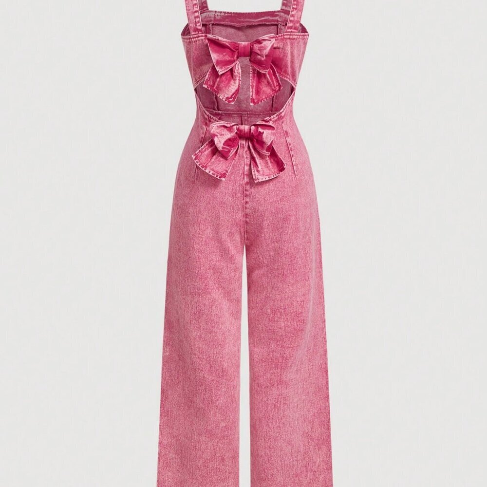 Pink Casual Women's Wide Leg Loose Versatile Denim Bib Pants - Picture 2 of 4